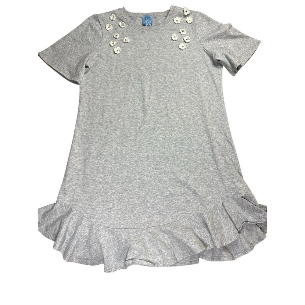 Cece Gray Floral Appliqué T-shirt Dress With Ruffle Medium Crewneck Short Sleeve - Picture 2 of 9